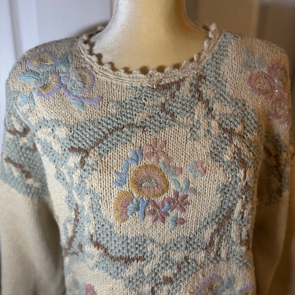 Vintage Heirloom Collectibles Tan Floral Grandma Sweater Shoulder Pads Size L - Picture 2 of 9